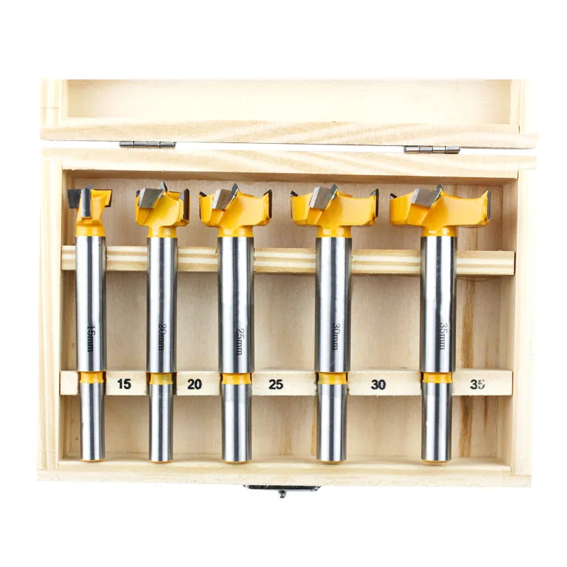 DB051 – 5-Piece Forstner Hinge Boring Drill Bit Set (15–35mm, Woodworking Cabinet Hinges) - product detail view