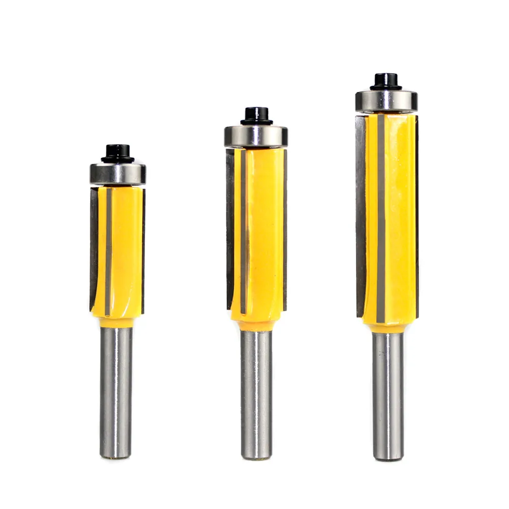 45-degree lock miter router bit with 8 mm shank, bearing and yellow cutter body