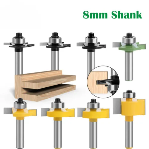 8 mm shank T-slot router bit set shown with a woodworking slot example