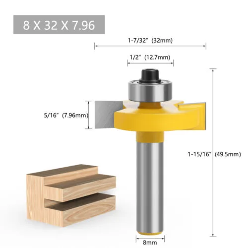 8 mm shank T-slot router bit with 7.96 mm profile and dimension diagram