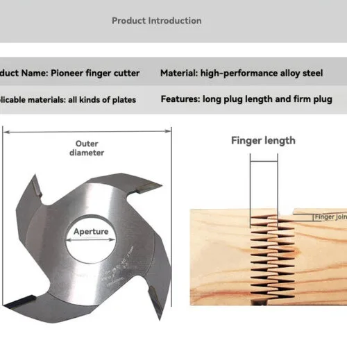 J68 Pioneer finger joint cutter with dimensions and finger-joint example