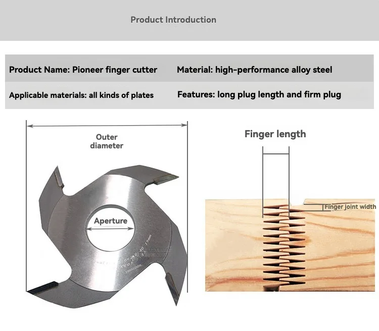 J68 Pioneer finger joint cutter with dimensions and finger-joint example