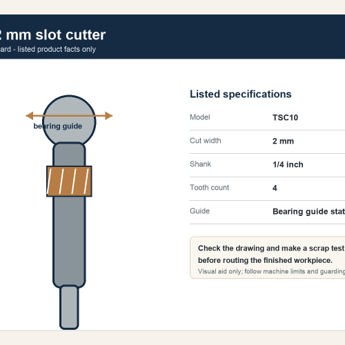 TSC10 2 mm bearing-guided straight slot cutter with a 1/4 in shank and four teeth, technical diagram