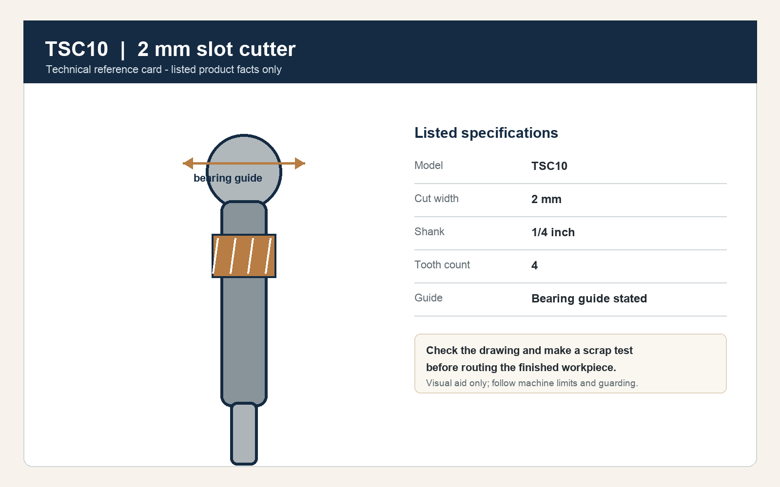 TSC10 2 mm Bearing-Guided Straight Slot Cutter Technical Card TSC10 2 mm bearing-guided straight slot cutter with a 1/4 in shank and four teeth, technical diagram