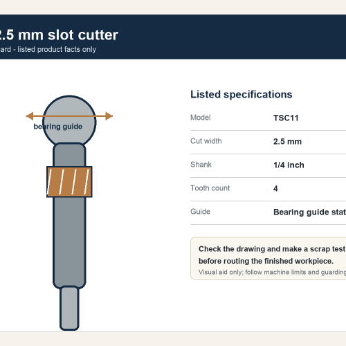 TSC11 2.5 mm bearing-guided straight slot cutter with a 1/4 in shank and four teeth, technical diagram