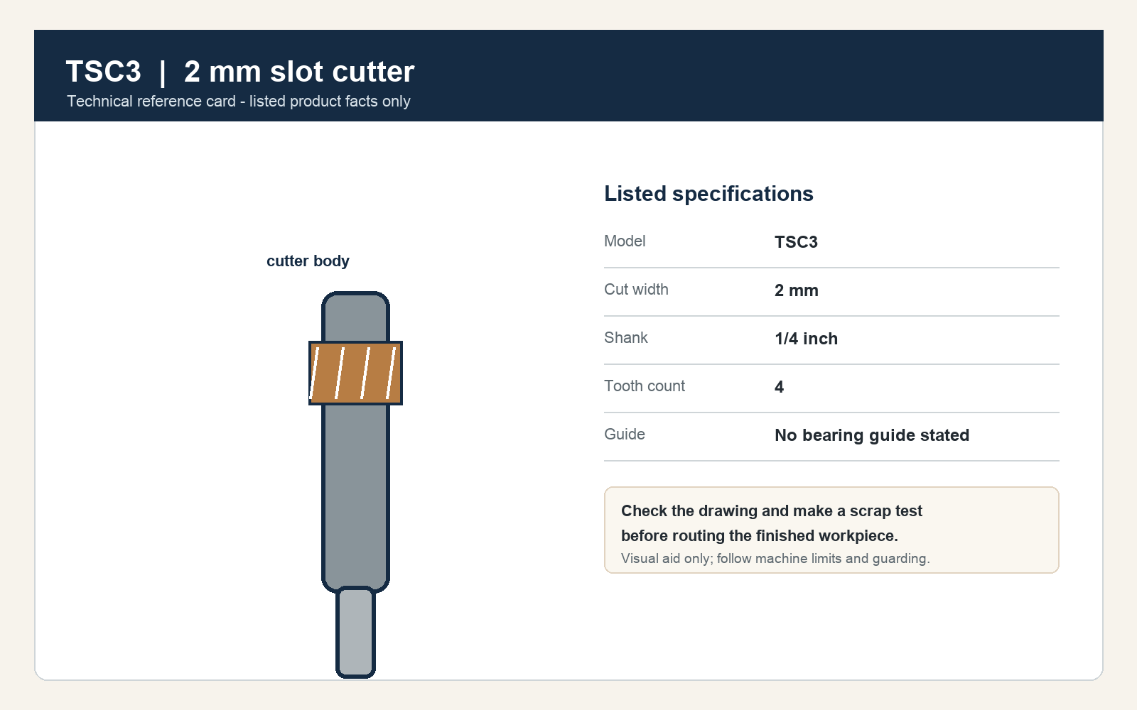 TSC3 2 mm Straight Slot Cutter Technical Card TSC3 2 mm straight slot cutter with a 1/4 in shank and four teeth, technical diagram