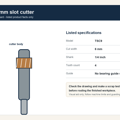 TSC9 6 mm straight slot cutter with a 1/4 in shank and four teeth, technical diagram