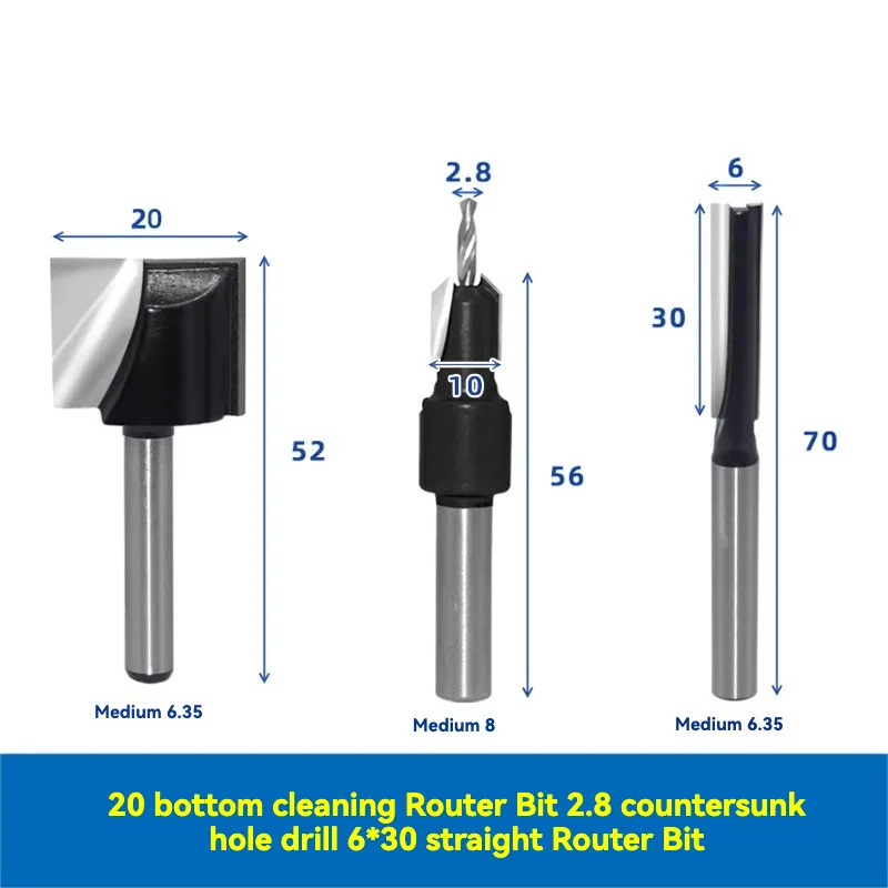 BCRT8 Bottom Cleaning Router Bit Set, 20mm Bit with Counterbore and Straight Bits - product detail view