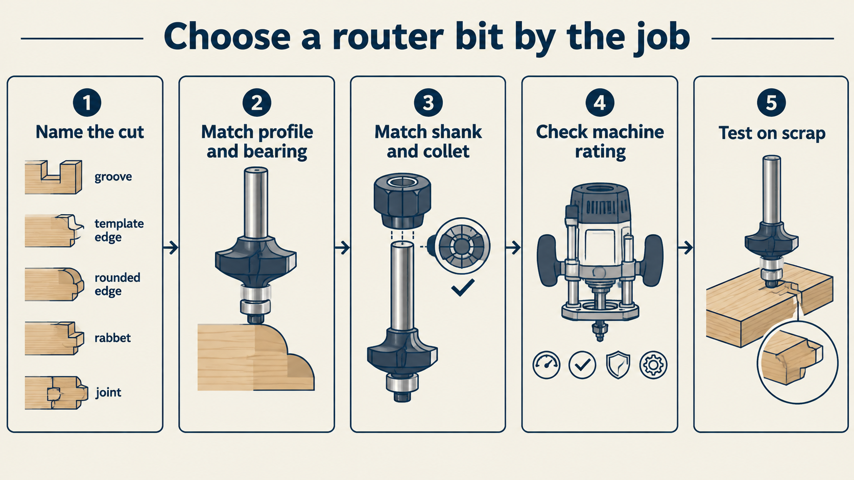 Five-step router bit selection path: cut, fit, dimensions, machine and product check
