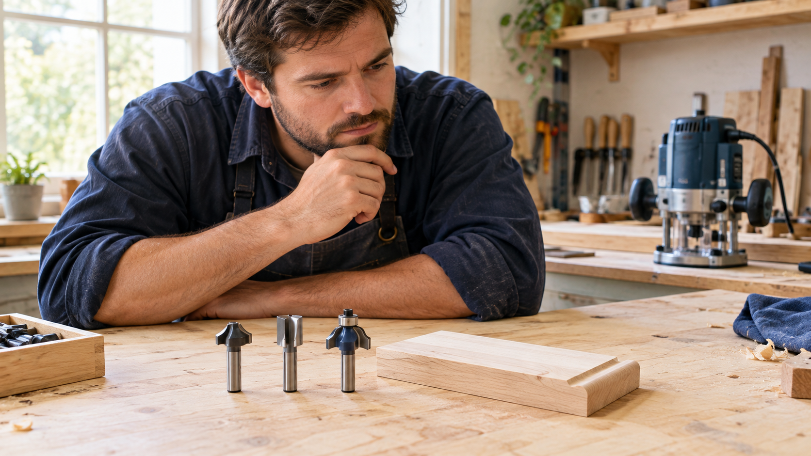 Router bits and sample cuts arranged on a woodworking bench