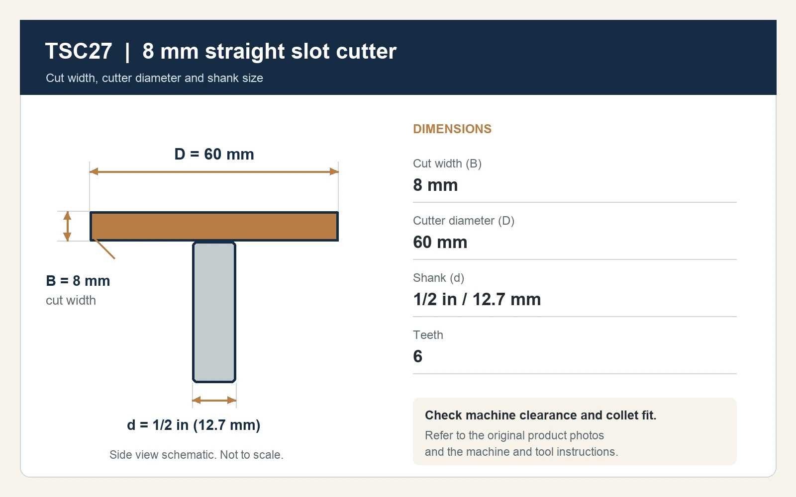 TSC27 Slot Cutter Dimensions TSC27 dimensional schematic: 8 mm cut width, 60 mm cutter diameter and 1/2 in shank