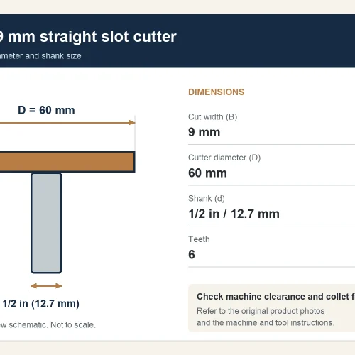 TSC28 dimensional schematic: 9 mm cut width, 60 mm cutter diameter and 1/2 in shank